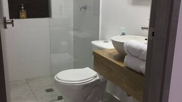 A modern bathroom with a toilet, a glass shower enclosure, a sink with a wooden countertop, and a mirror above the sink.