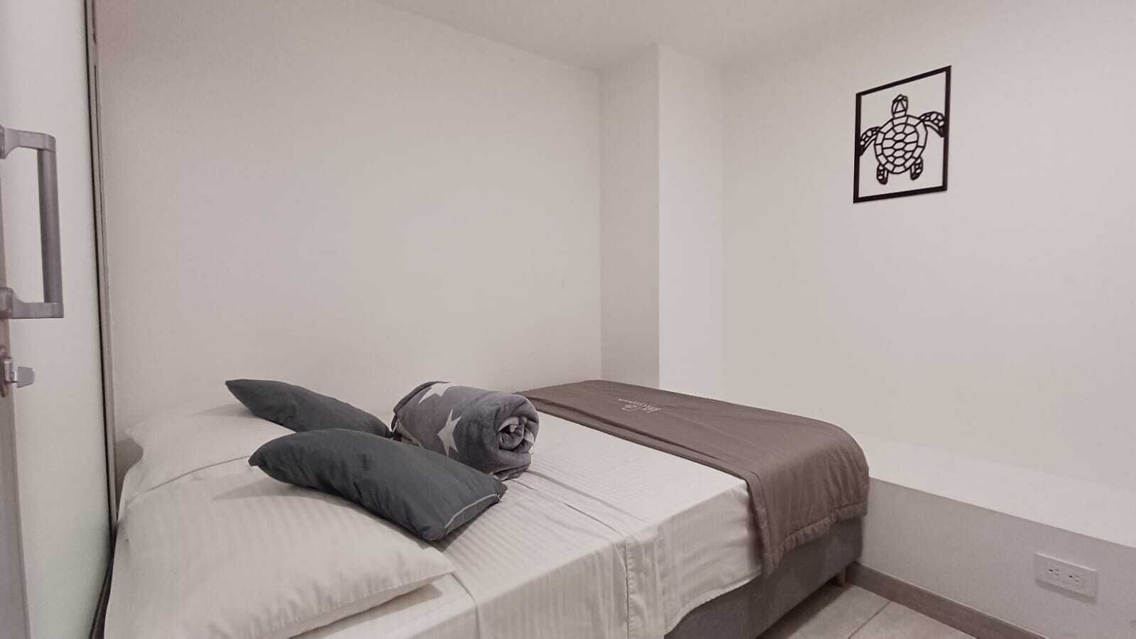 A small, single-bed room with a grey bedspread, two pillows, and a framed turtle picture on the wall.