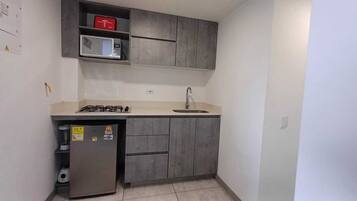 A compact kitchen with a gas stove, a microwave, and a sink.