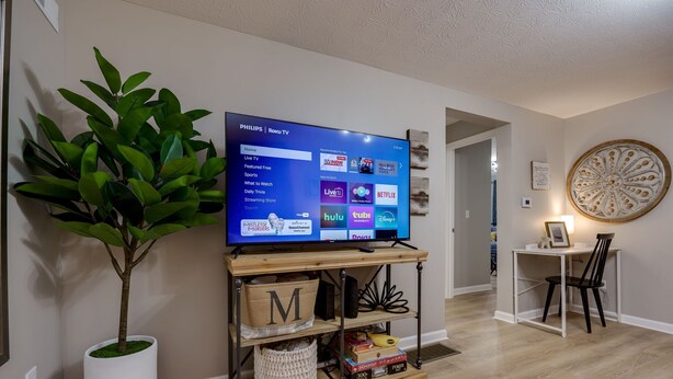 A living room with a flat-screen TV on a wooden stand, a potted plant, and a small table with a chair. - Pet-Friendly 3BR Dayton Bungalow Near UD (Dayton)