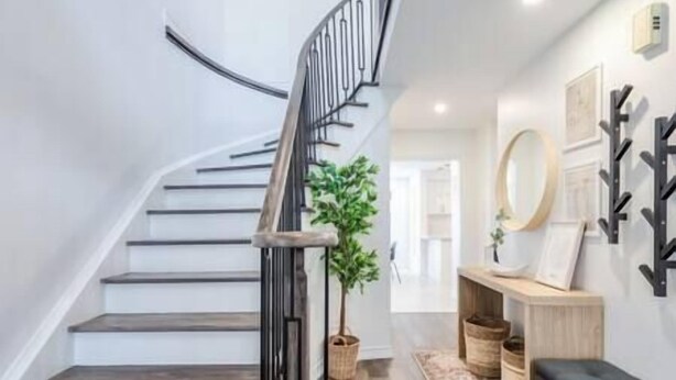 Un escalier avec une rampe noire, une plante en pot et un plancher en bois.