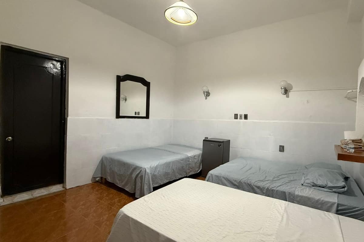 A room with two single beds, a small desk, a mirror, and a door.