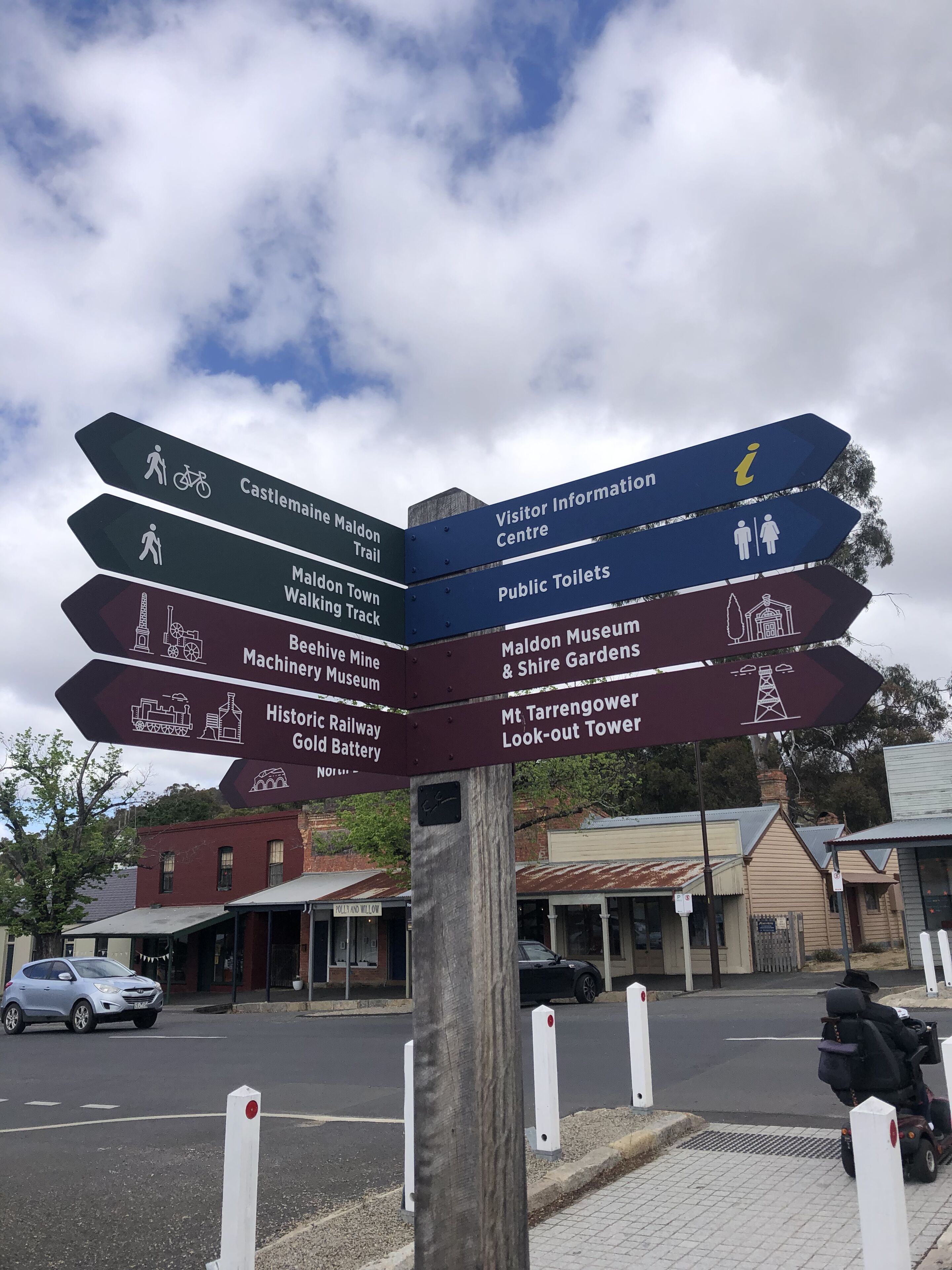 A directional signpost with multiple arrows pointing to various attractions such as Castlemine Maldon Trail, Visitor Information Centre, and Public Toilets.