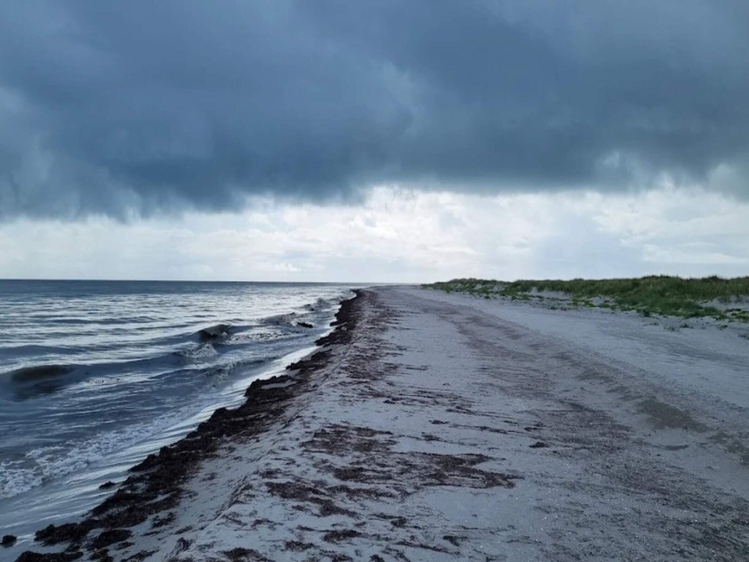 A beach with a long stretch of wet sand and waves, under a cloudy sky.