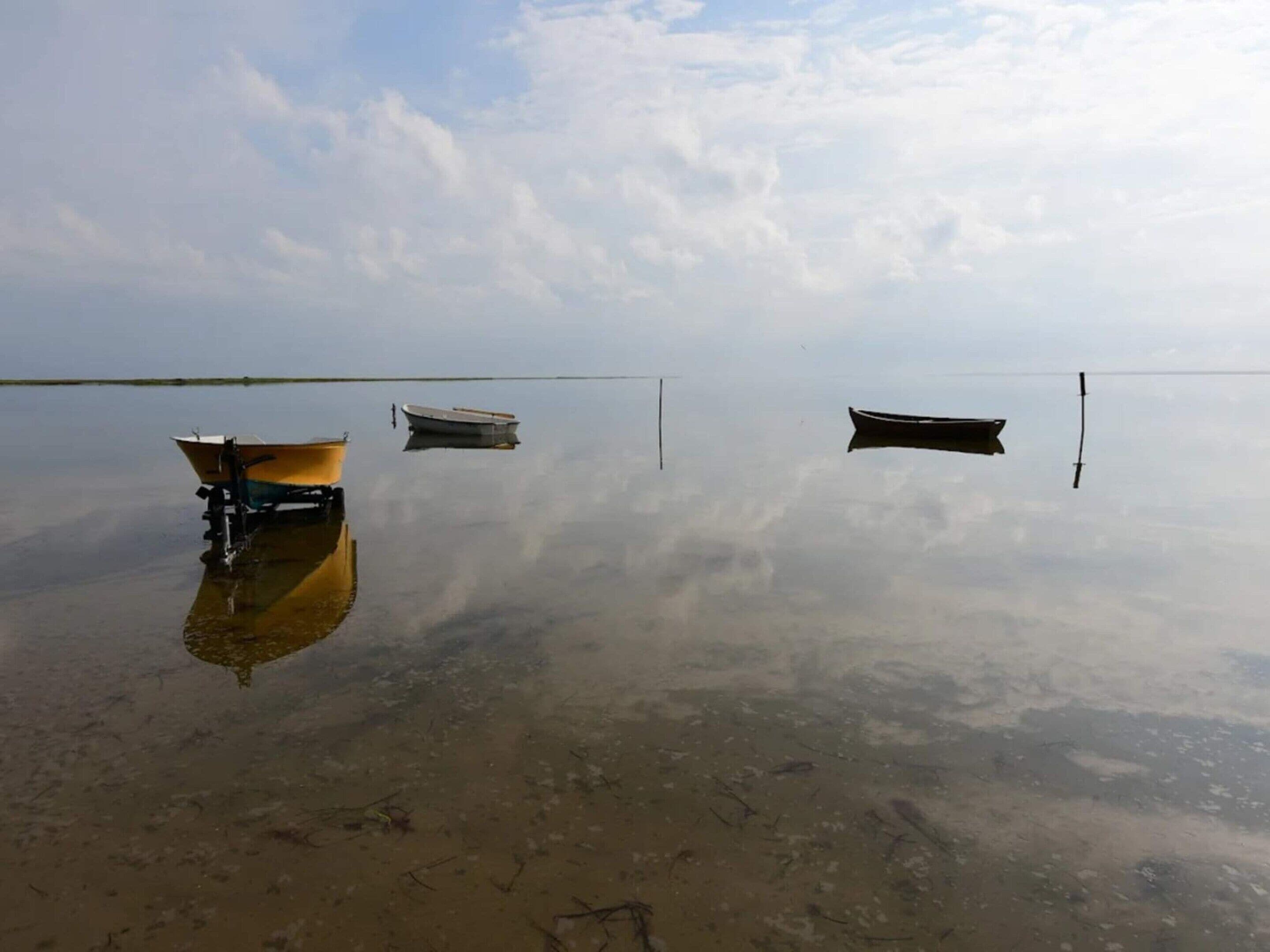A calm body of water with three boats anchored.