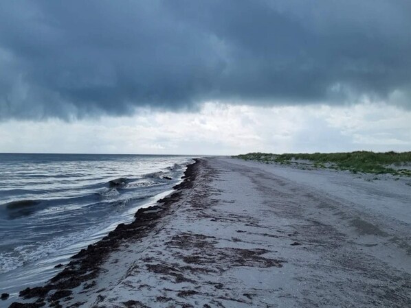A beach with a long stretch of wet sand and waves, under a cloudy sky.