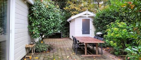A patio with a table and chairs, surrounded by lush greenery and a small shed.