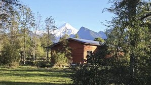 Une cabane en bois avec un toit en pente, entourée d’arbres et adossée à une montagne.