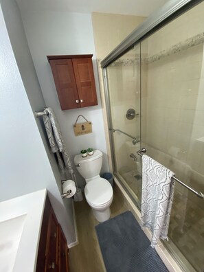 Douche, sèche-cheveux, serviettes fournies, savon