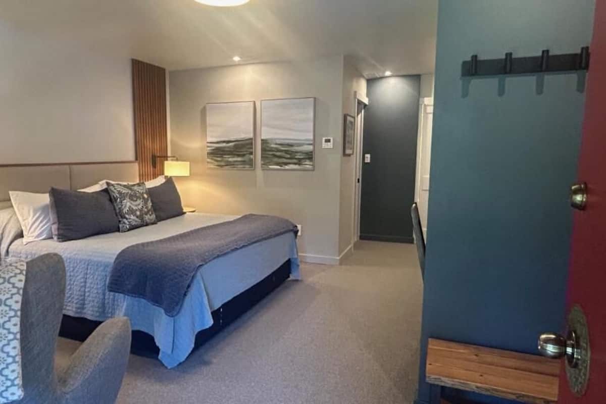 A modern bedroom with a bed, bedside tables, and a door.