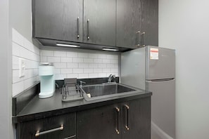 Kühlschrank, Mikrowelle, Herdplatte, Wasserkocher mit Kaffee-/Teezubehör