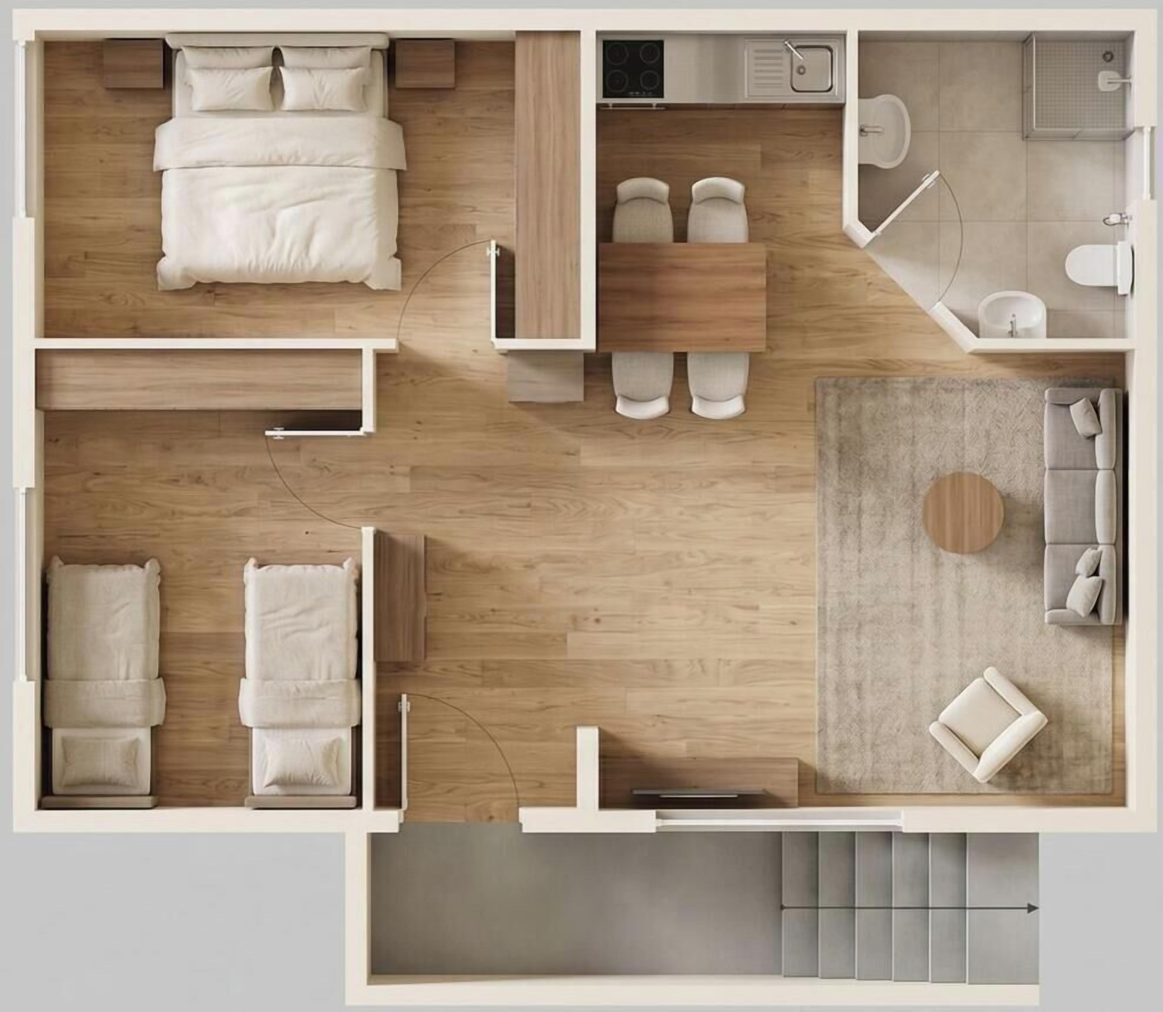 Distribución de una habitación de hotel con cama, dos zonas de estar, una mesita, sofá y baño.