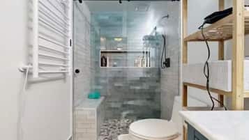 Shower, hair dryer, towels, soap