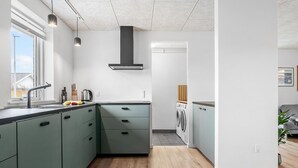 A modern kitchen with grey cabinets, a built-in oven, and a washing machine. - Amazing home in Vestervig with WiFi (Vestervig)
