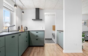 Fridge, stovetop, dishwasher, coffee/tea maker