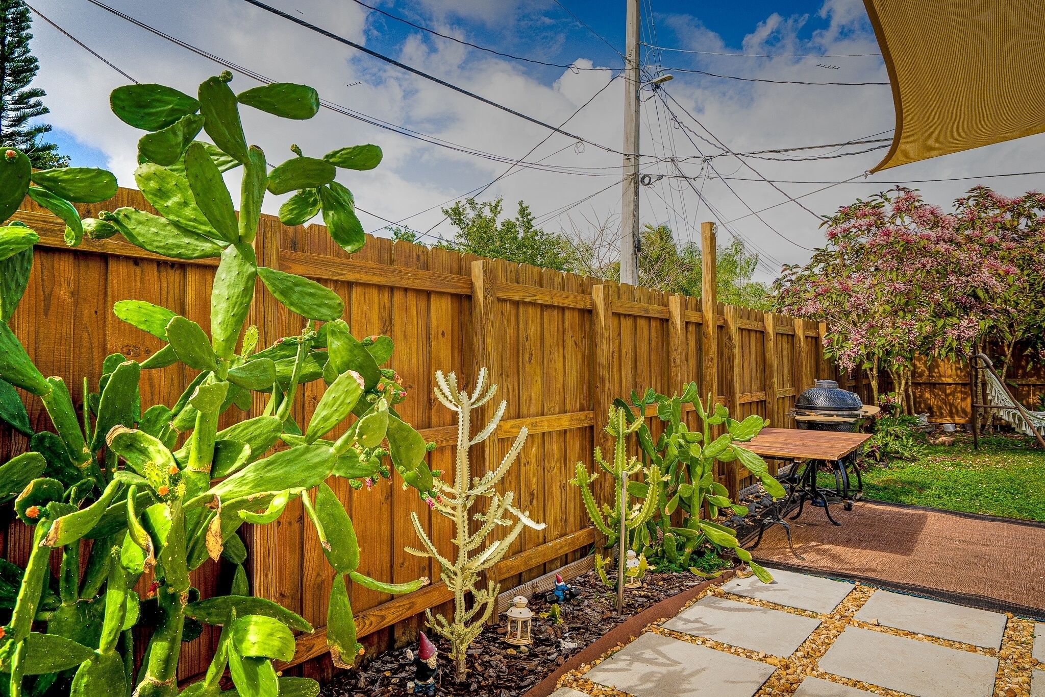 Una valla de madera, un jardín de cactus, una parrilla y un patio con mesa y sillas.