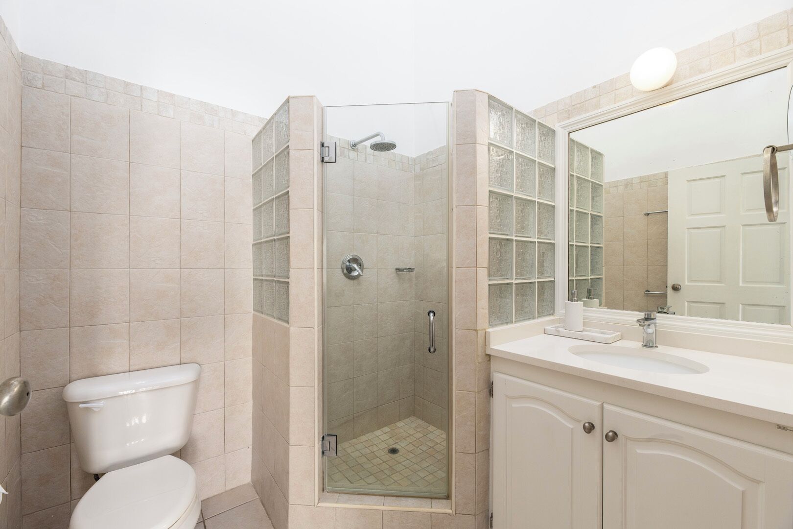 A bathroom with a glass-enclosed shower, a toilet, and a vanity with a mirror.