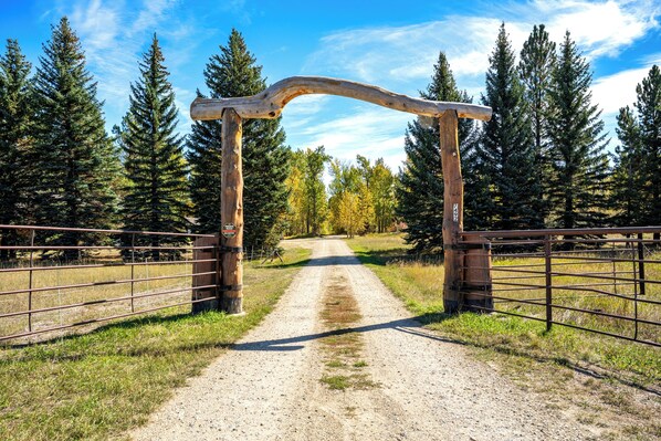 A gravel path leading through a wooden archway with metal gates on either side, surrounded by coniferous trees.