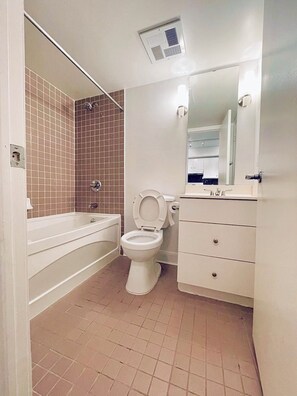 Hair dryer, towels, soap, shampoo