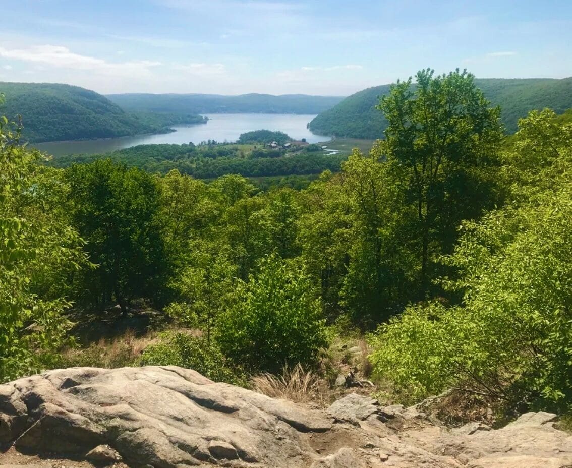 A natural landscape with a lake, forested hills, and a rocky foreground.