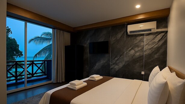 A hotel room with a large bed, a TV, an air conditioning unit, and a balcony with a view of the sea. - Elysian Hideaway Maafushi (Maafushi)