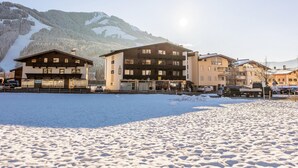 A hotel with multiple floors, a covered entrance, and a view of snow-covered mountains.