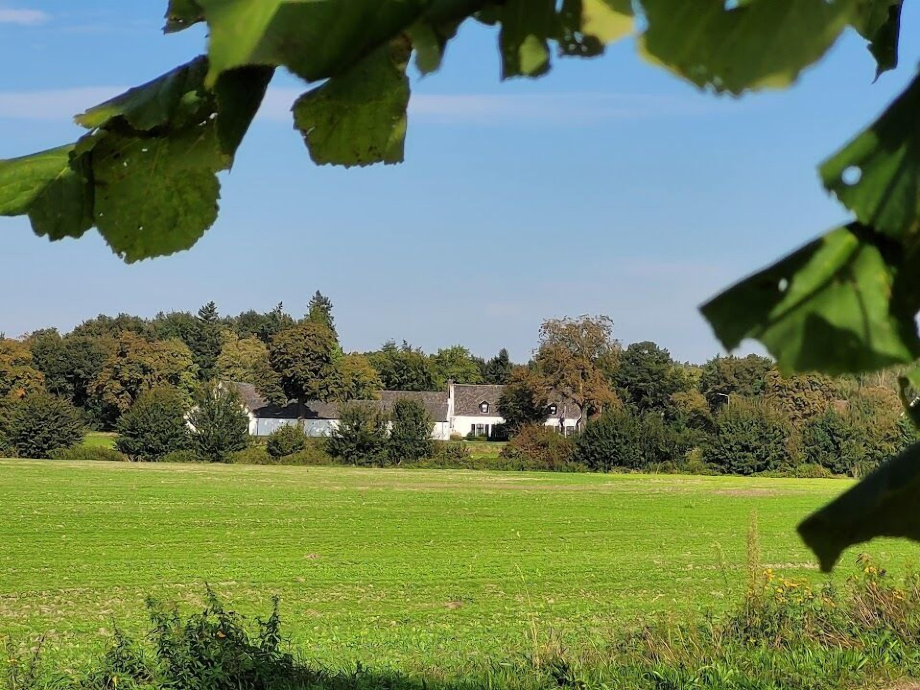 A large, open field with a white building surrounded by trees.