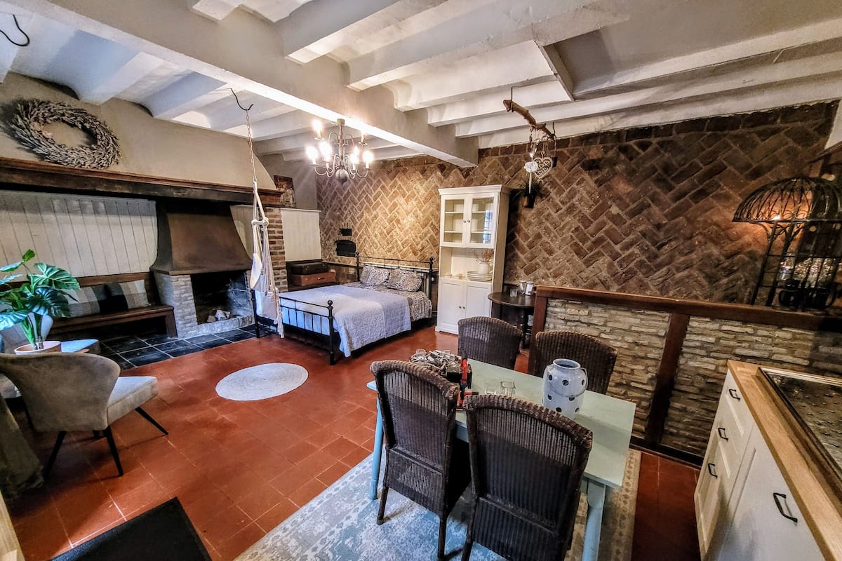 Une pièce chaleureuse et rustique, dotée d’une cheminée, d’un lit, d’un coin repas avec des chaises en osier et d’un mur orné d’un motif en chevrons.