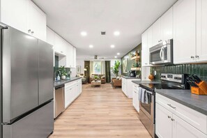 Fridge, microwave, dishwasher, coffee/tea maker