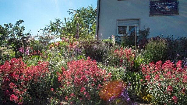 Un jardín con diversas flores frente a un edificio con un letrero que dice 'Ferienwohnung Traumgarten bei Familie Wendt'.