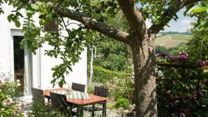 Un área de comedor al aire libre con una mesa y sillas, rodeada de follaje y un árbol.
