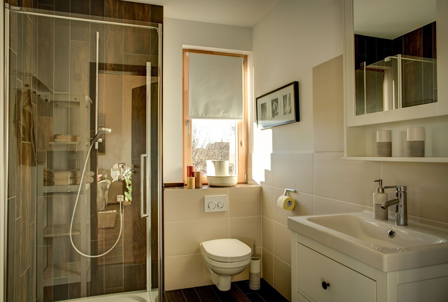 Shower, hair dryer, towels