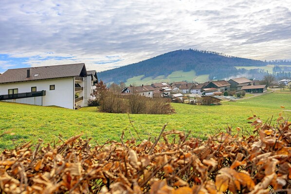Paisaje rural con casas, un campo y una montaña al fondo.