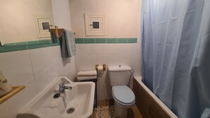 Casa de banho com lavatório, sanita e cortina de chuveiro.