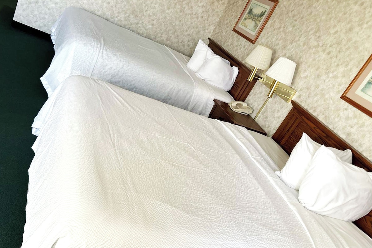 A hotel room with two beds, white linens, a nightstand with a lamp, and a framed picture on the wall.