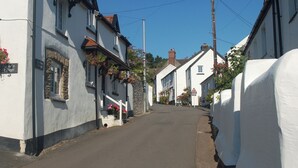 A narrow street lined with white buildings, some with flower boxes and signage. - Daisy Cottage Berrynarbor near Broadsands beach (Berrynarbor)