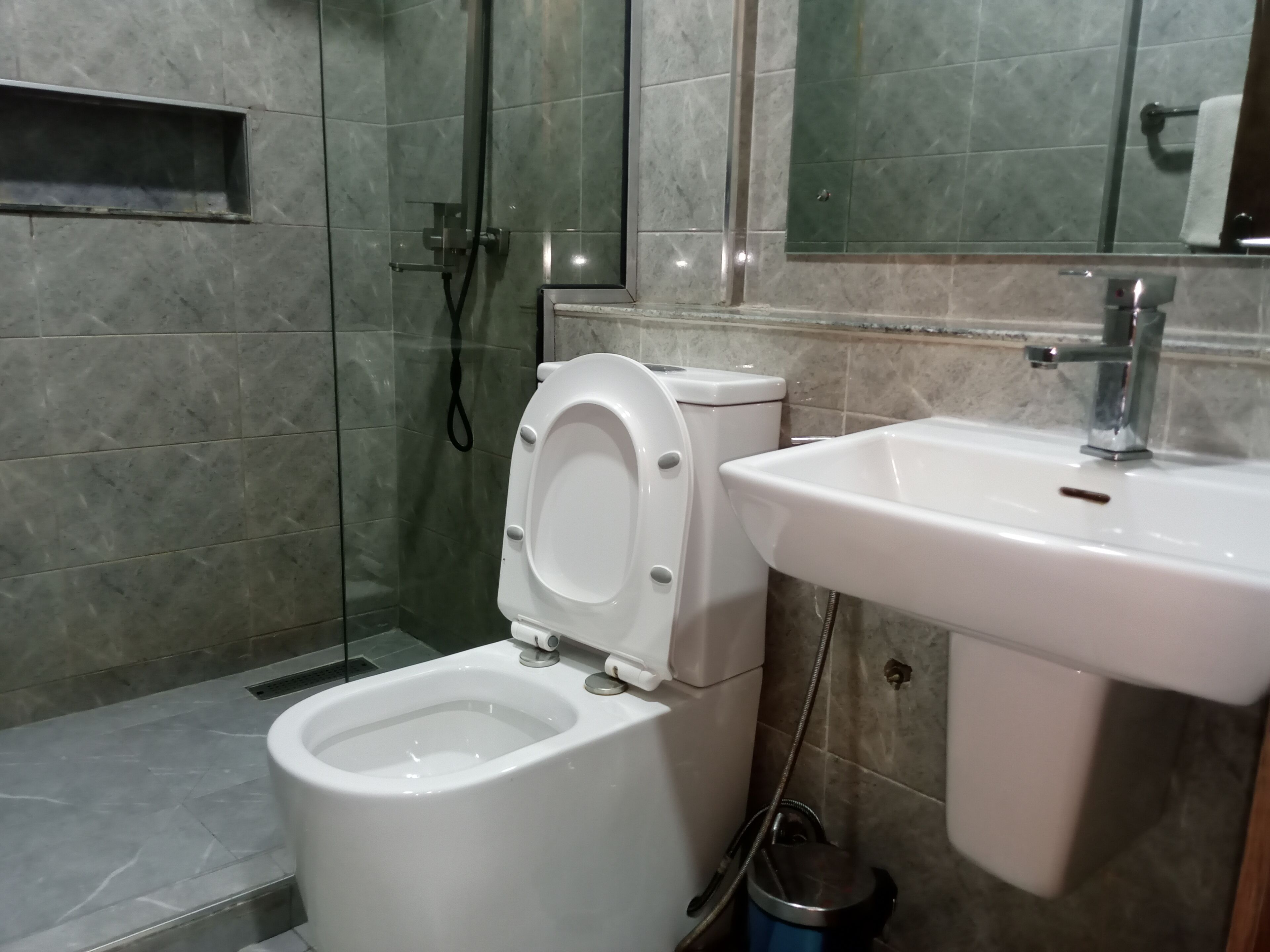 A modern bathroom with a toilet, sink, and glass shower enclosure.
