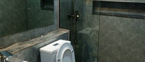 Un bagno moderno con doccia vetrata, un water bianco e un lavandino.