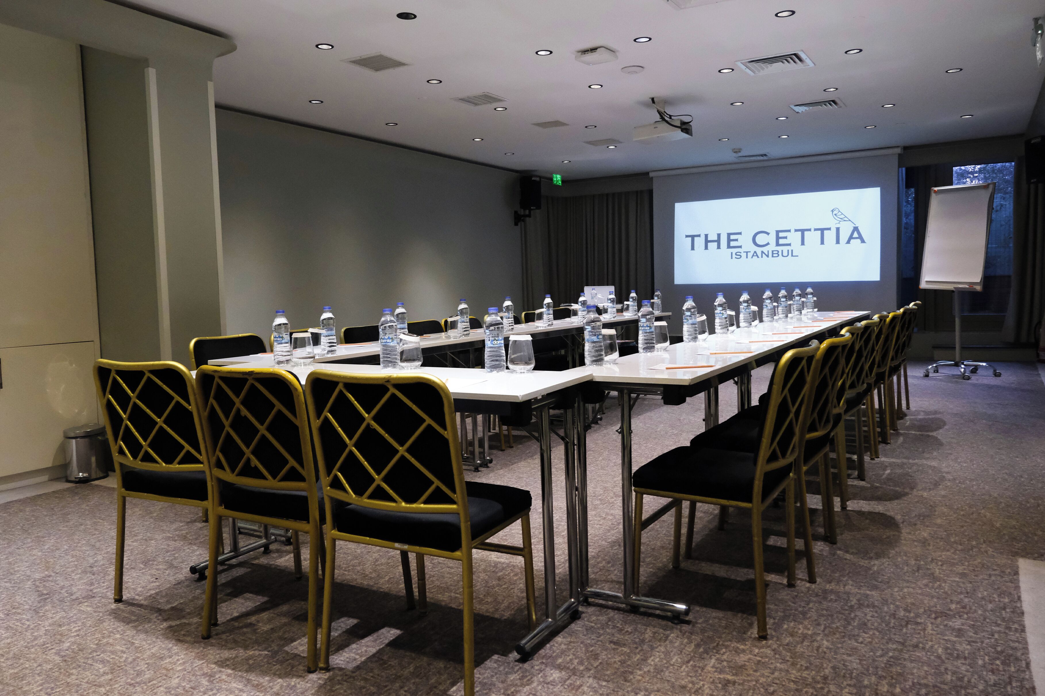 A conference room with a long table, chairs, water bottles, and a presentation screen displaying "THE CETTIA ISTANBUL".