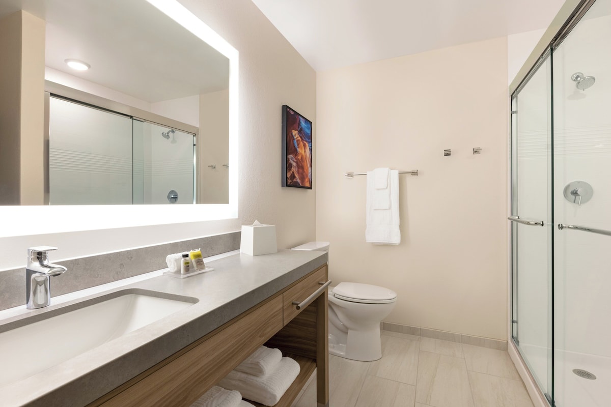 Ein modernes Badezimmer mit Duschkabine aus Glas, einem großen Spiegel, einem Waschbecken mit Armatur und einer Toilette.