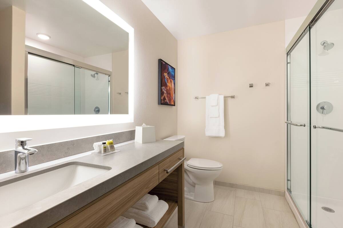 A modern bathroom with a glass shower enclosure, a large mirror, a sink with a faucet, and a toilet.