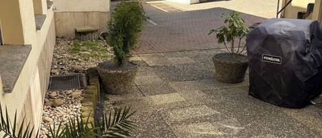 A courtyard with a paved area, a covered grill, and a potted plant.