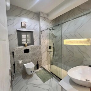 Enjoy a refreshing shower in the sleek bathroom with a glass-enclosed shower, pedestal sink, and mirror.