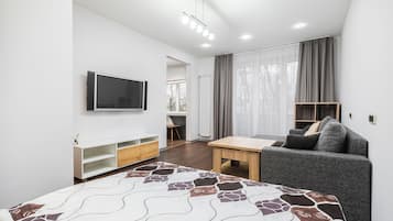 Deluxe appartement, balkon, uitzicht op park | Woonruimte | Een 42-inch lcd-televisie met kabelzenders