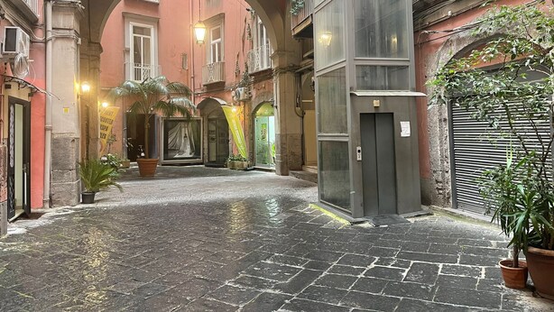 Un cortile con un arco centrale, piante in vaso e un edificio con persiana chiusa.