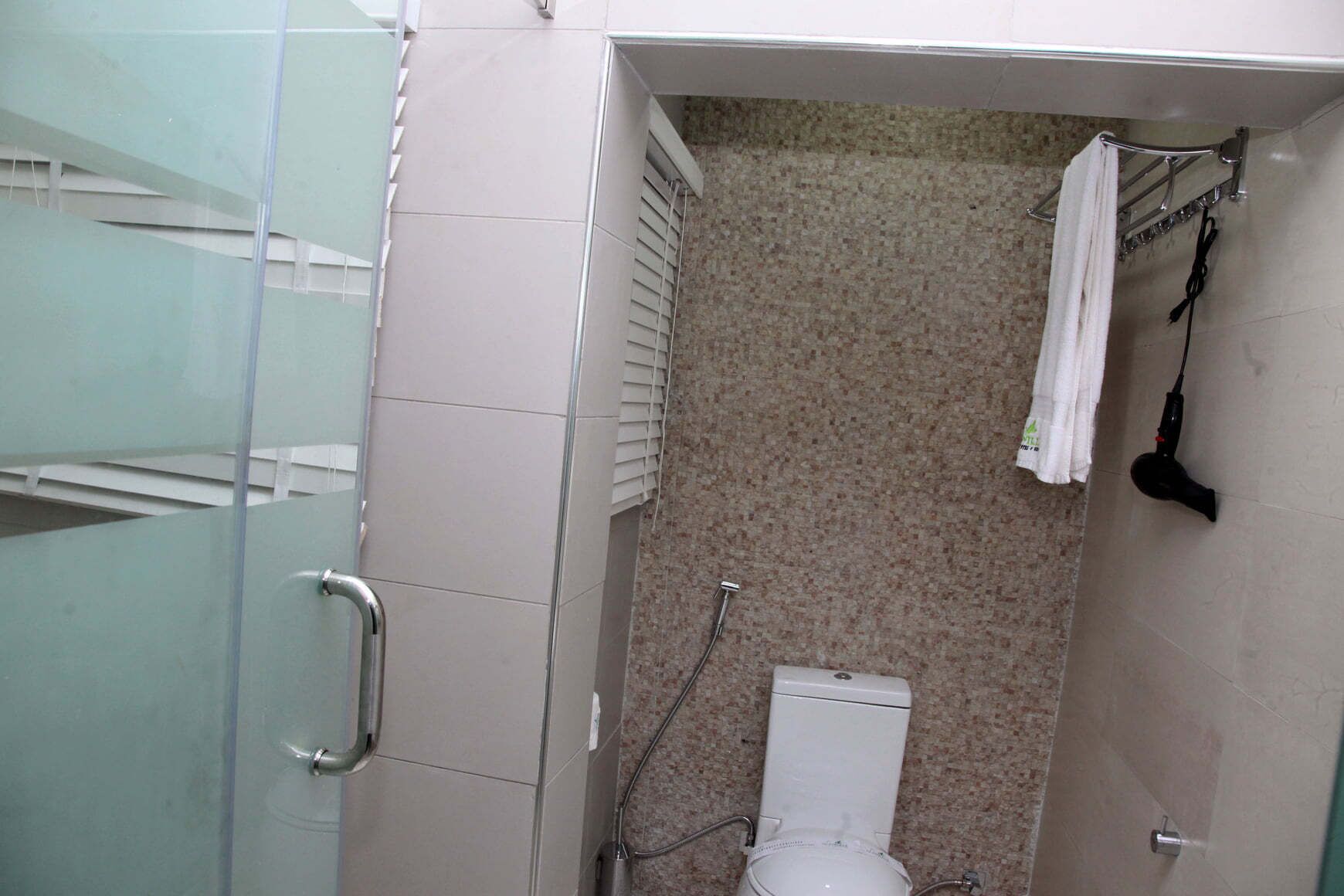A bathroom with a shower, toilet, and towel rack.