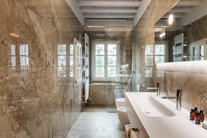 Shower, hair dryer, towels