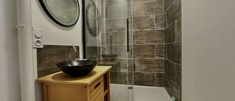Shower, hair dryer, towels