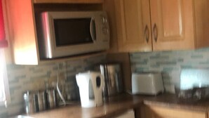 Cabin | Private kitchen | Fridge, microwave, oven, stovetop - Lodgesleeps3-garden-balcony-parking-valleyview (Newton Stewart)