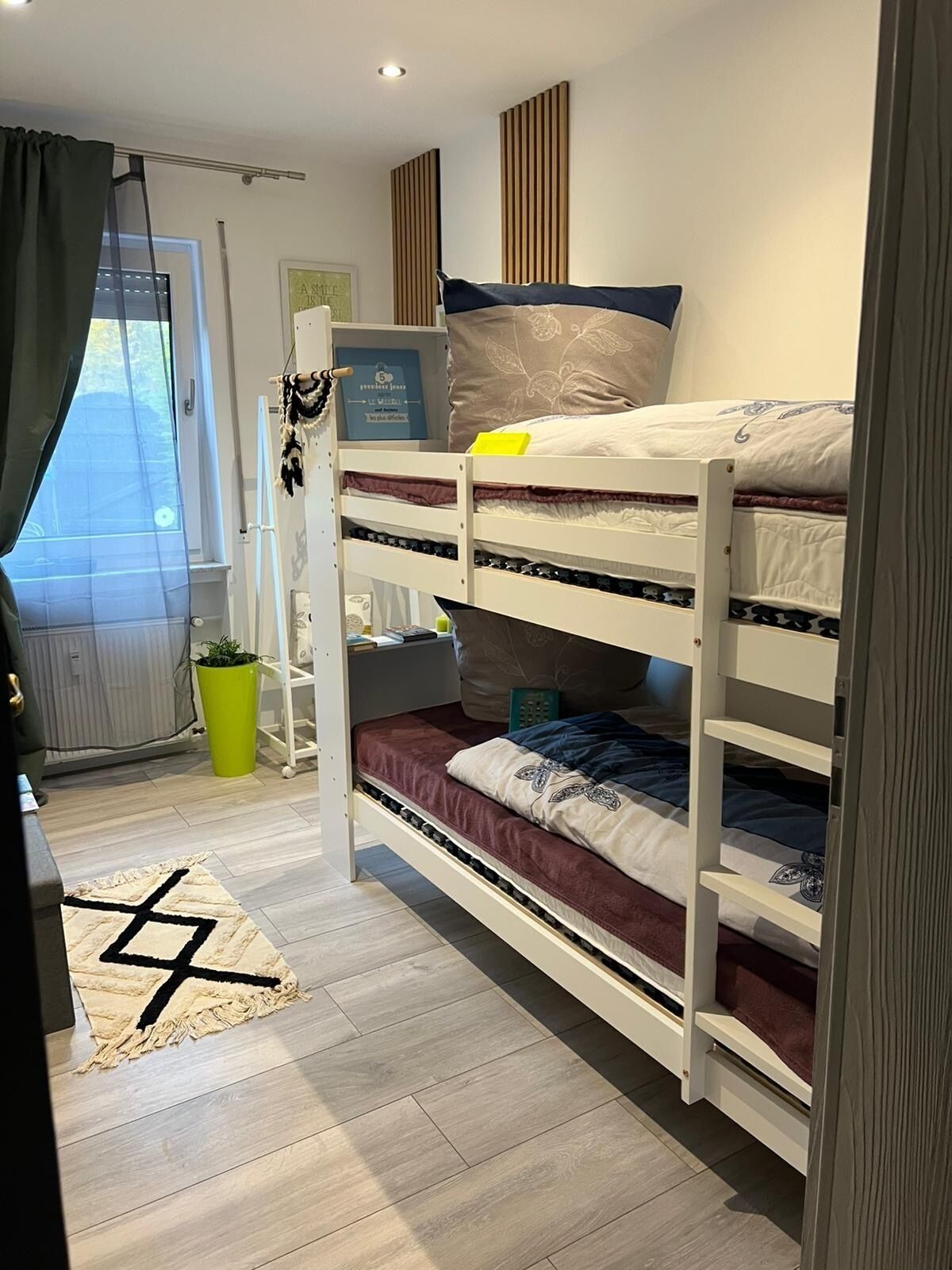 Ein Schlafzimmer mit Etagenbetten, einem Fenster, einer Zimmerpflanze und einem Teppich.